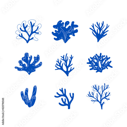 Different types of coral. Design elements collection. Simple monochrome illustration.