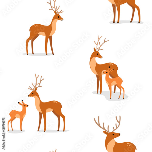 Simple seamless trendy animal pattern with fawn and deer. Cartoon illustration.