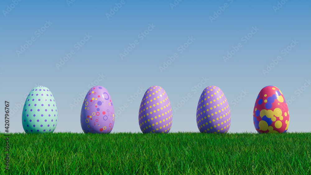 Easter Eggs on a grass lawn, with a clear blue sky. Beautiful Purple, Red and Aqua Eggs with Spotted and Polka Dot patterns. 3D Render Easter Eggs on a grass lawn, with a clear blue sky. Beautiful Purple, Red and Aqua Eggs with Spotted and Polka Dot patterns. 3D Render