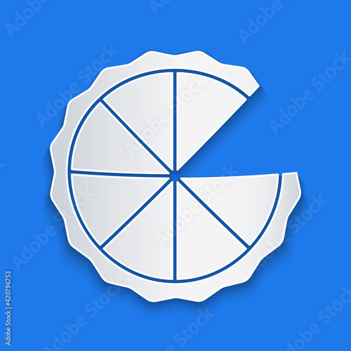Paper cut Homemade pie icon isolated on blue background. Paper art style. Vector