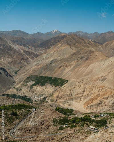 Spiti valley and village as seen from Nako in summer, Himachal Pradesh, India.