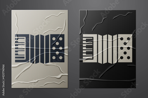 White Musical instrument accordion icon isolated on crumpled paper background. Classical bayan, harmonic. Paper art style. Vector