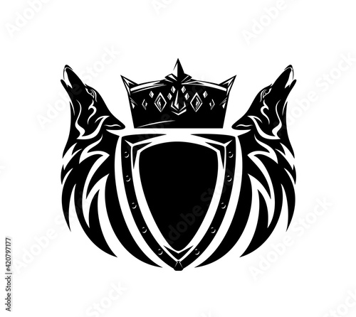 pair of howling wolf heads with heraldic shield and royal crown - medieval style fantasy coat of arms black and white vector silhouette design
