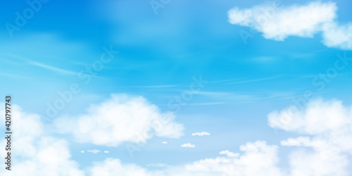 Blue sky with altostratus clouds background,Vector Cartoon sky with cirrus clouds, Concept all seasonal horizon banner in sunny day spring and summer in the morning.3D Vector illustration horizon