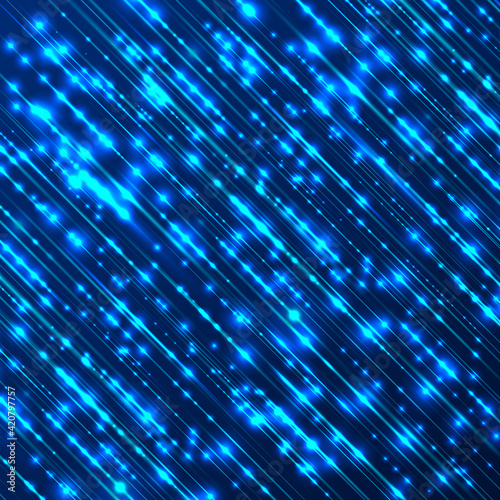 Abstract futuristic tech blue magic particles lines sparkling glitter on dark background. You can use for cover template, poster, banner web, flyer, Landing page, Print ad. Vector illustration