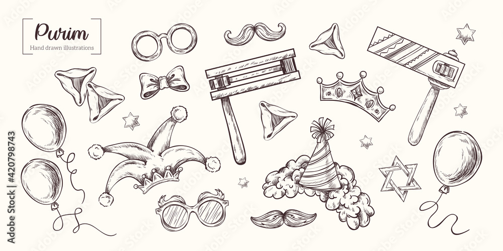 Obraz premium Purim. Vector Hand Drawn. Sketch Illustration. Jewish Holiday, traditional purim symbols, noisemaker, masque, gragger, hamantaschen cookies, crown, star of david, festival decoration, carnival vector