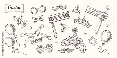 Purim. Vector Hand Drawn. Sketch Illustration. Jewish Holiday, traditional purim symbols, noisemaker, masque, gragger, hamantaschen cookies, crown, star of david, festival decoration, carnival vector