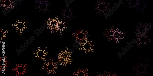 Dark pink, yellow vector background with covid-19 symbols.