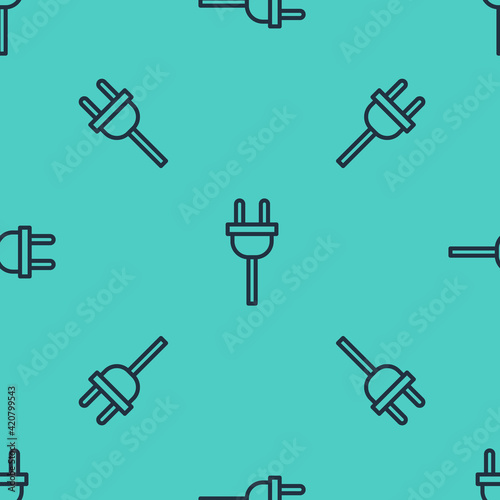 Black line Electric plug icon isolated seamless pattern on green background. Concept of connection and disconnection of the electricity. Vector Illustration