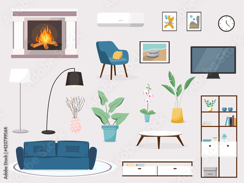 Modern living room interior. Vector banner. Large detailed interior set. Cozy living room. Flat vector illustration