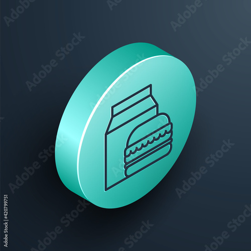 Isometric line Online ordering and burger delivery icon isolated on black background. Turquoise circle button. Vector Illustration