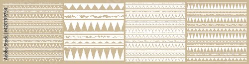 Set of Monochrome vector pastel beige white abstract geometric seamless border tribal pattern. Illustration contains graphic lines, dots, triangles. Horizontal and stripes for textiles or wallpaper.