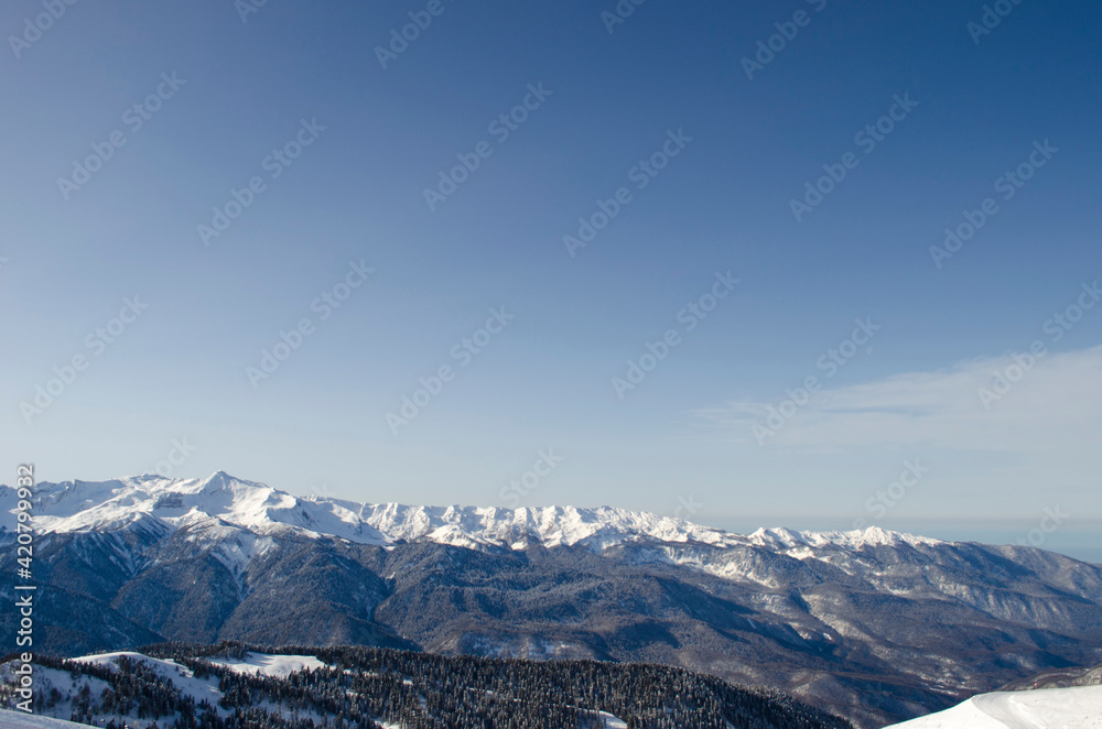 View from the top of the Caucasus mountains in the ski resort Rosa Khutor Russia