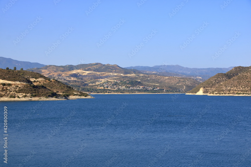 Kouris dam with reservoir, the largest of a network of 107 dams, 15 km from Limassol, Cyprus