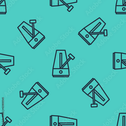 Black line Classic Metronome with pendulum in motion icon isolated seamless pattern on green background. Equipment of music and beat mechanism. Vector