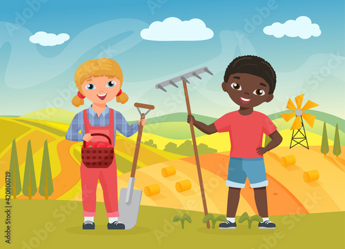 Children farmers with work tools vector illustration. Cartoon funny boy girl child farm worker characters holding shovel and pitchfork for working on agriculture farmland autumn fields background