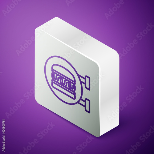 Isometric line Online ordering and burger delivery icon isolated on purple background. Silver square button. Vector