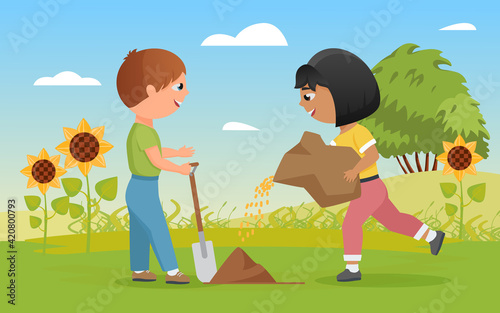 Children plant seeds vector illustration. Cartoon funny child boy character holding shovel, little happy farmer girl kid planting seeds in green grass of agriculture summer farm landscape background