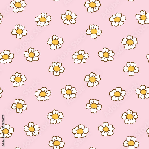 Seamless Pattern of Hand Drawn Flower Design on Pink Background