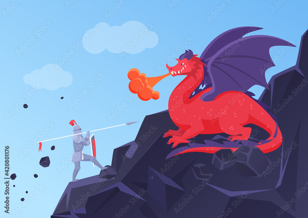 Fantasy Battle Fight Of Hero Knight And Dragon Vector Illustration