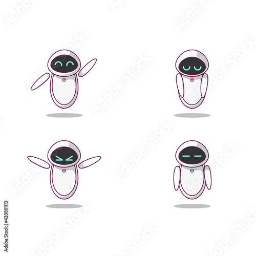 Assistant robot 4 expressions set vector icon illustration flat style on white background for web, landing page, banner, sticker, ads, advertisement, flier