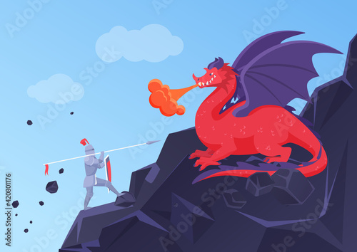 Fantasy battle fight of hero knight and dragon vector illustration. Cartoon heroic knight warrior character in armor fighting with spear fire breathing dragon, rock mountain fairy landscape background