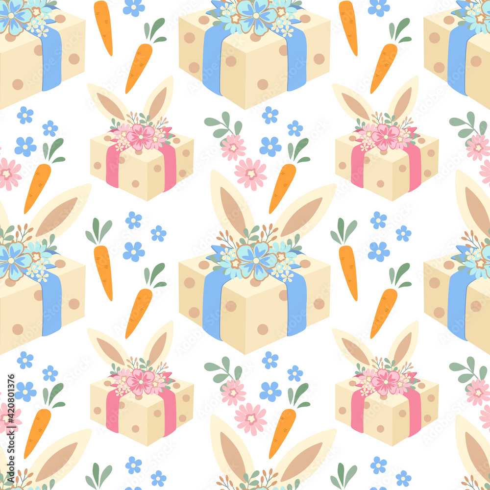 Easter seamless pattern with carrots, gifts, bunny ears and flowers, Cute hand drawn beautiful background, great for Easter wrapping paper, banner, textile, wallpaper - vector pastel design Easter seamless pattern with carrots, gifts, bunny ears and flowers, Cute hand drawn beautiful background, great for Easter wrapping paper, banner, textile, wallpaper - vector pastel design
