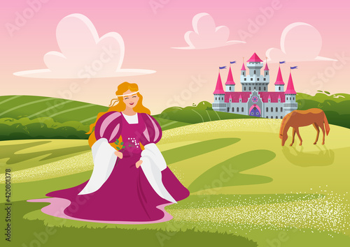 Beautiful princess with flowers vector illustration. Cartoon happy smiling princess or lady character holding flowers, walking in meadow landscape near royal castle house, fairytale story background