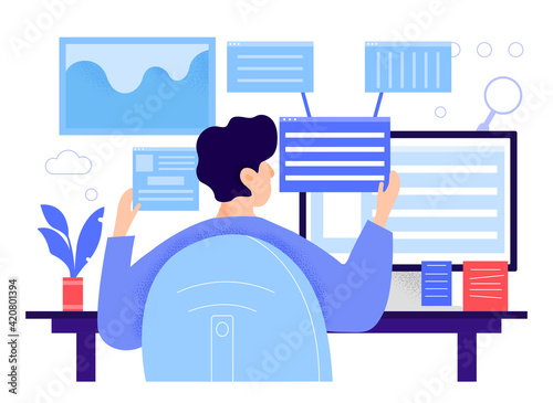 Male character sitting at desk and looking at backlinks