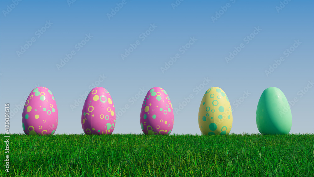 Easter Eggs on a grass lawn, with a clear blue sky. Beautiful Yellow, Pink and Green Eggs with Circle and Ring patterns. 3D Render Easter Eggs on a grass lawn, with a clear blue sky. Beautiful Yellow, Pink and Green Eggs with Circle and Ring patterns. 3D Render