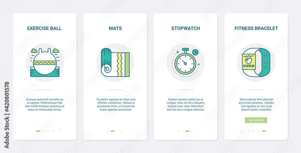 Sport equipment vector illustration. UX, UI onboarding mobile app page screen set with line yoga mat in gym, fitness sports exercise ball, fitness bracelet smart watch, stopwatch timer symbols