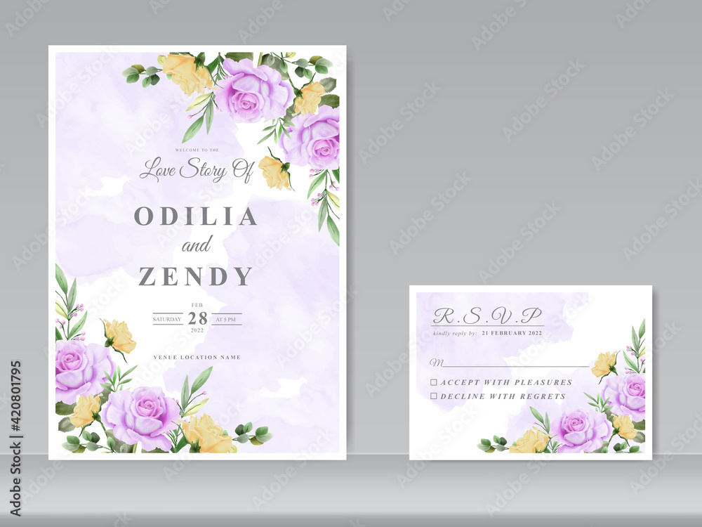 wedding invitation card template with beautiful floral hand drawn