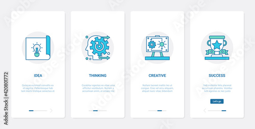 Business office work technology vector illustration. UX, UI onboarding mobile app page screen set with line abstract human head thinking, success teamwork, lightbulb successful idea symbols