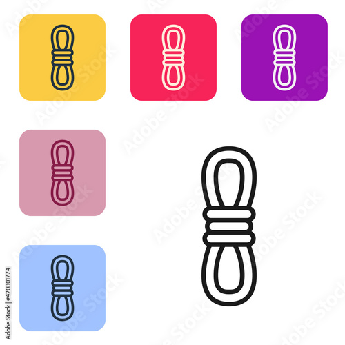 Black line Climber rope icon isolated on white background. Extreme sport. Sport equipment. Set icons in color square buttons. Vector