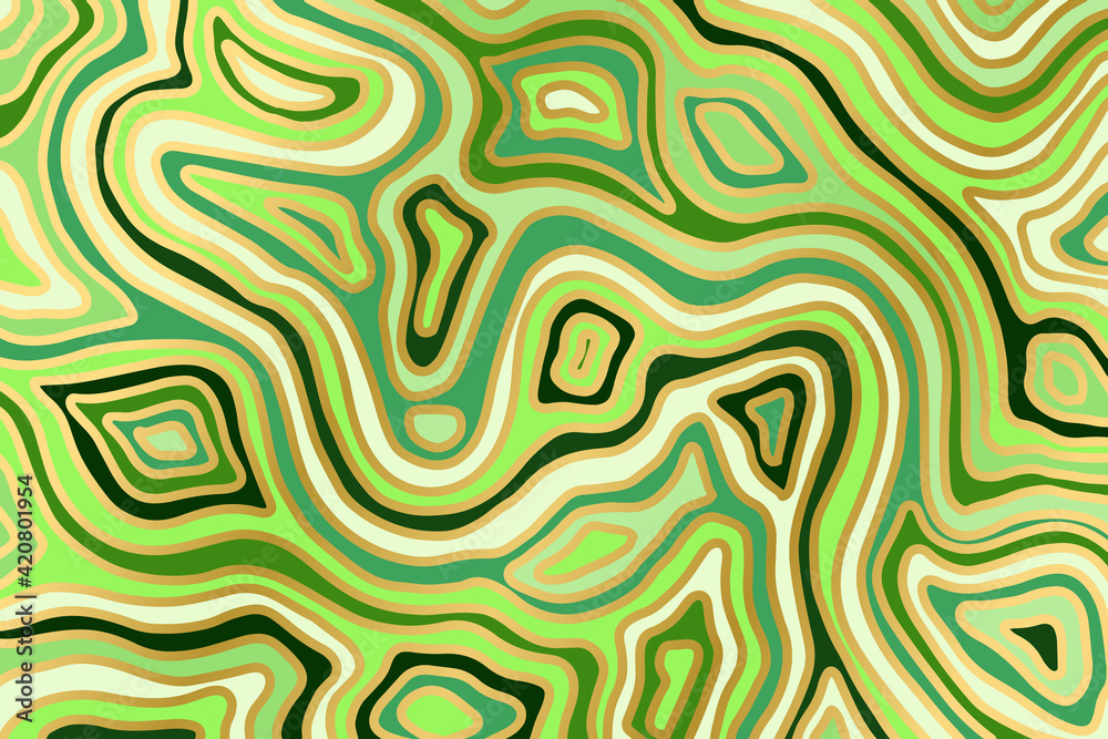 Abstract marble green and gold background. Agate slice ripple texture imitation. Vector illustration.