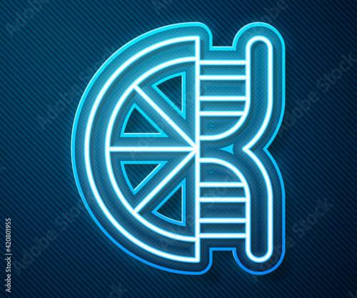 Glowing neon line Genetically modified citrus fruit icon isolated on blue background. Orange in a cut. Healthy lifestyle. GMO fruit. Vector
