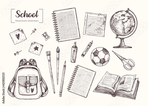 Collection of vector hand drawn elements Back to school. Education. Office. Stationery. Graduation. Teachers day. Sketch in doodle style. Notepad, school backpack, soccer ball, marker, sticker, book