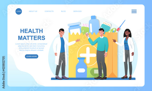 Male character standing with pharmacists in medicine drug store