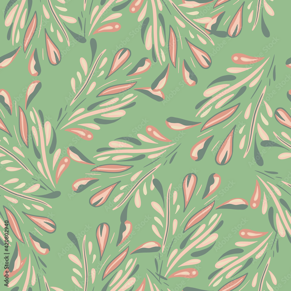 Random seamless pattern with hand drawn pink leaves foliage silhouettes. Light green background.