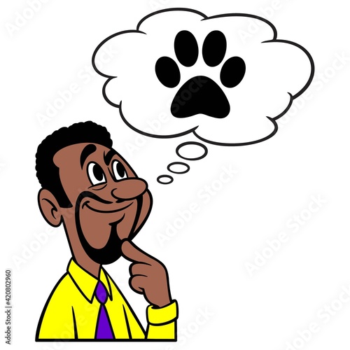 Man thinking about a Pet - A cartoon illustration of a man thinking about getting a new Pet.