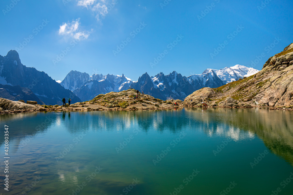 Lac Blanc lake and Mont Blanc (Monte Bianco) beautiful landscape view in Chamonix location. Beautiful outdoor scene in Vallon de Berard Nature Reserve, France