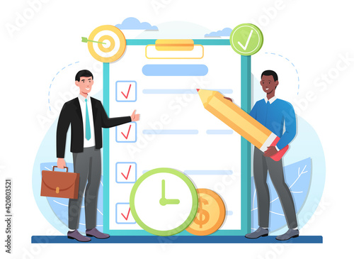 Two male characters are marking completed tasks