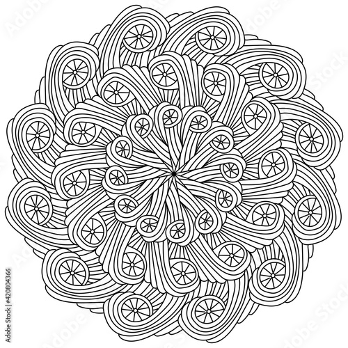 Abstract symmetrical mandala, zen coloring page with simple linear swirls