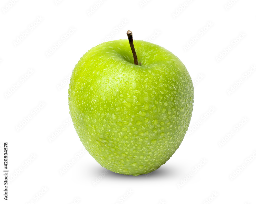 Fresh green apple with water drops isolated on white background Fresh green apple with water drops isolated on white background