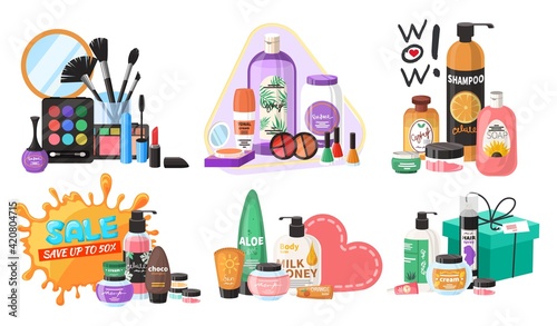Beauty store cosmetics set, flat vector isolated illustration. Hair, face and body skin care and makeup products.