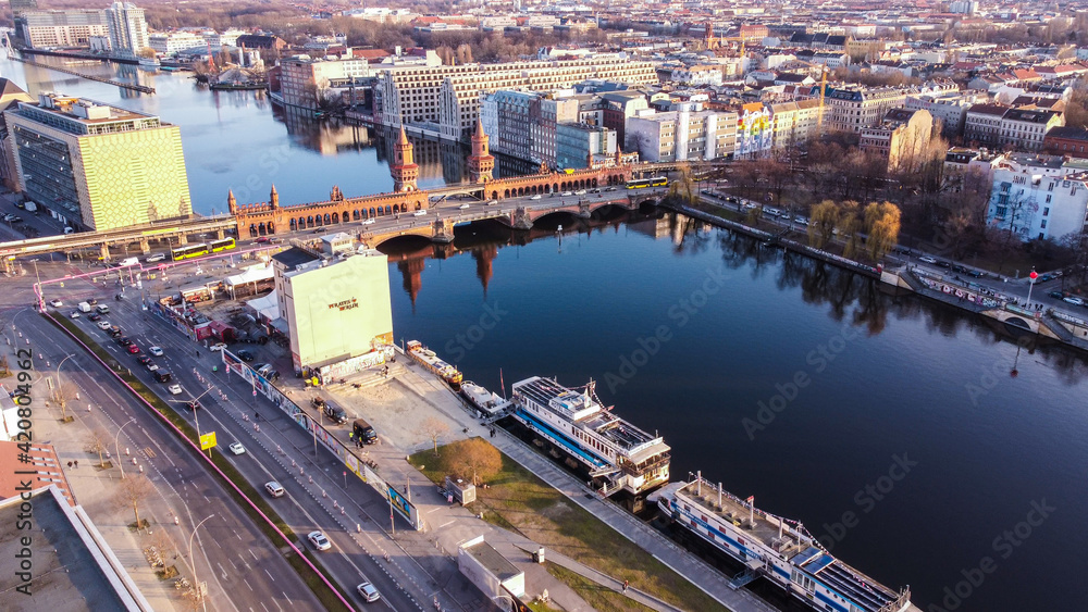 Beautiful Oberbaum Bridge over River Spree in Berlin from above - aerial view - urban photography
