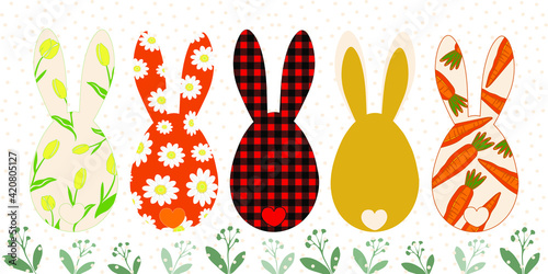 A set of cute rabbits with long ears sitting with their backs in chamomile flowers, in carrots, in tulips. Spring card applique for Easter Day. Vector graphics.