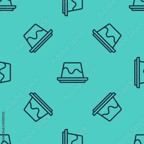 Black line Pudding custard with caramel glaze icon isolated seamless pattern on green background. Vector