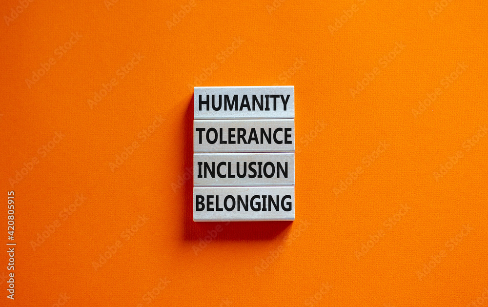 Obraz premium Humanity, tolerance, inclusion, belonging symbol. Wooden blocks with words humanity, tolerance, inclusion, belonging on beautiful orange background. Tolerance, humanity, inclusion, belonging concept.