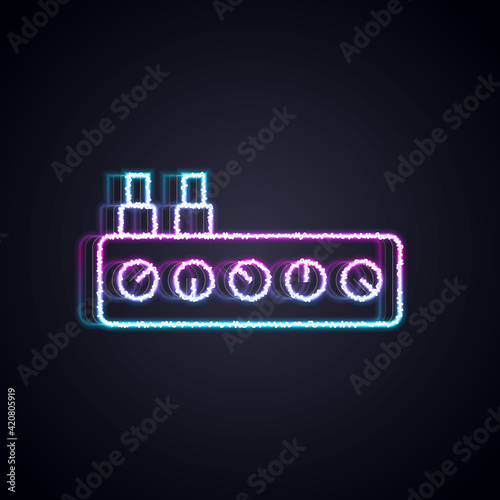 Glowing neon line Sound mixer controller icon isolated on black background. Dj equipment slider buttons. Mixing console. Vector